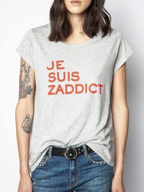 NWT Zadig & Voltaire ANTONIA Gray Lettering Print Short Sleeve T-Shirt